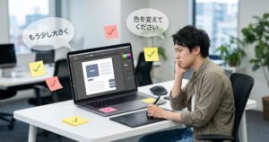 パソコンでデザインを修正するフリーランス・クリエイターと修正指示のイメージ