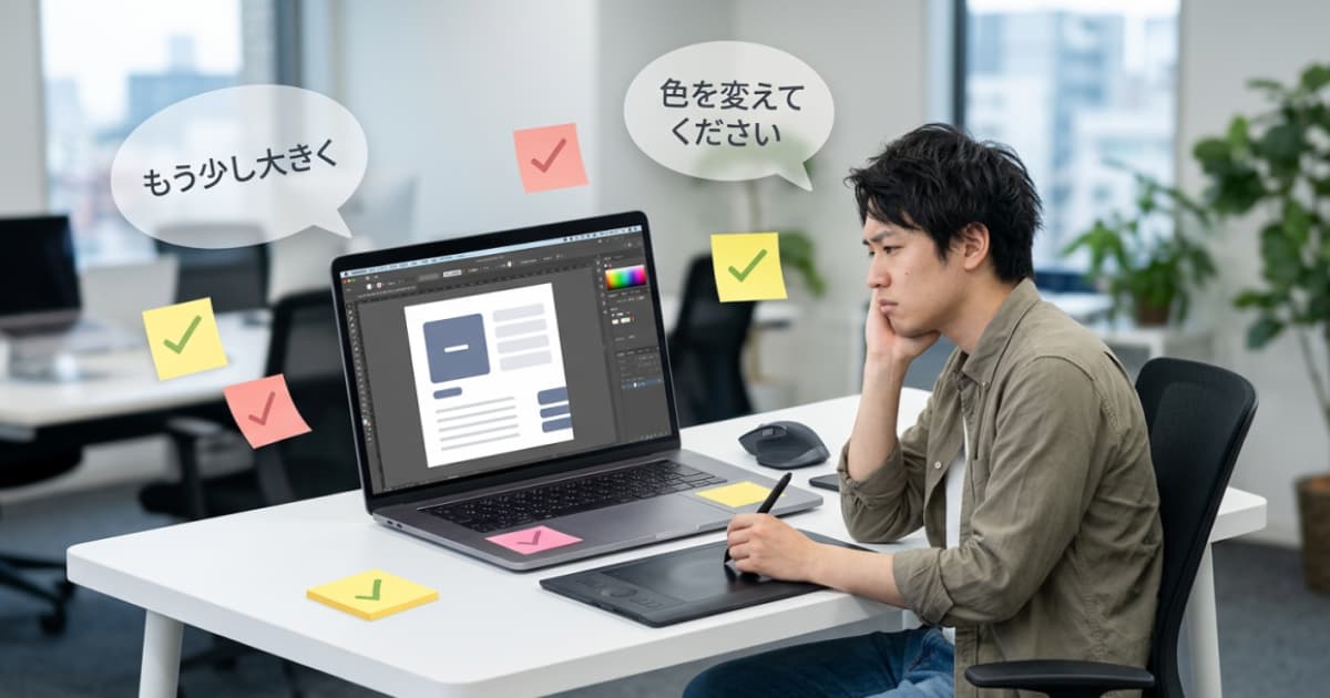 パソコンでデザインを修正するフリーランス・クリエイターと修正指示のイメージ