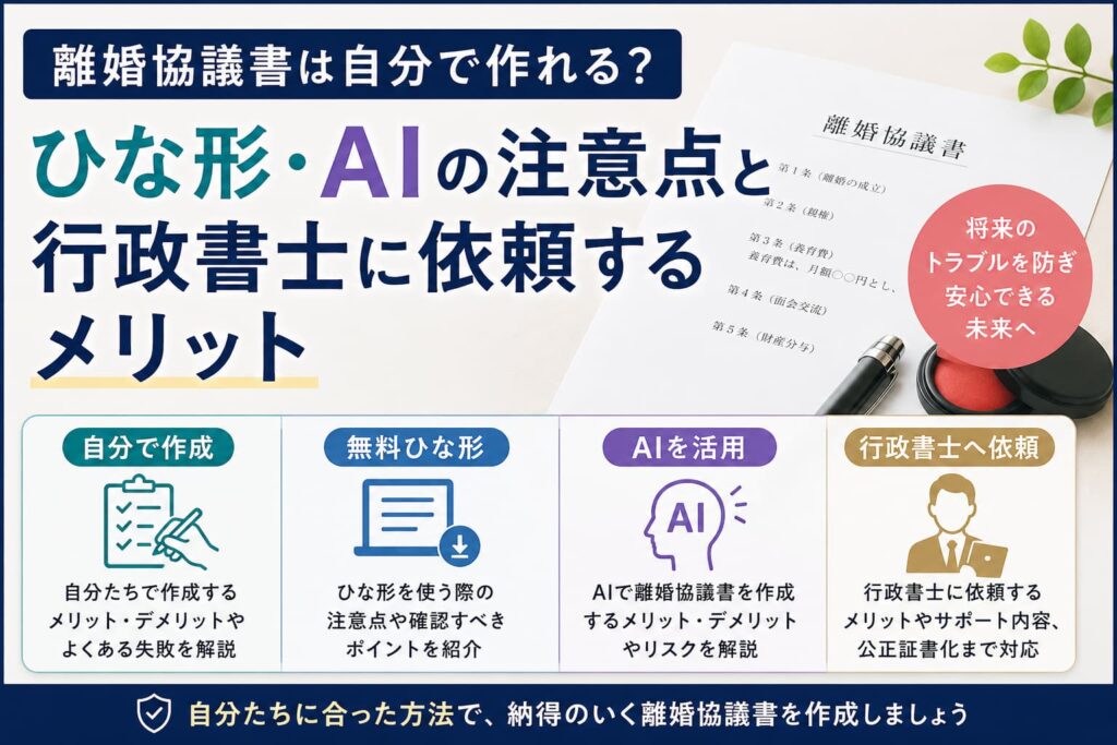 離婚協議書を自分で作成する場合の無料ひな形やAI利用の注意点と行政書士に依頼するメリットを解説するイメージ