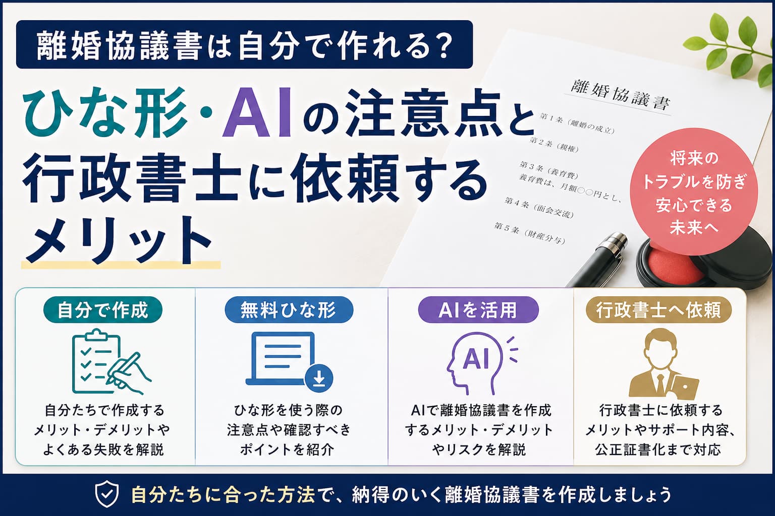 離婚協議書を自分で作成する場合の無料ひな形やAI利用の注意点と行政書士に依頼するメリットを解説するイメージ