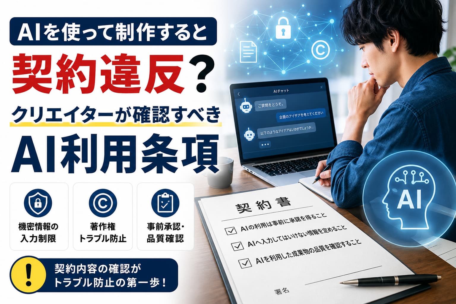ノートパソコンで生成AIを活用しながら契約書を確認するクリエイターと、AI・著作権・機密情報・事前承認をイメージしたアイコンを組み合わせた、AI利用条項を解説するブログのアイキャッチ画像。