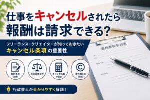 業務委託契約書を確認しながらキャンセル条項について説明する様子をイメージした写真。フリーランス・クリエイター向け契約書作成のイメージ。