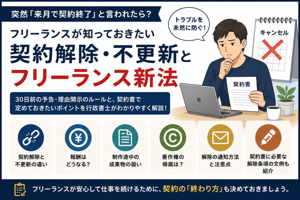 突然「来月で契約終了」と言われたフリーランスに向けて契約解除・不更新とフリーランス新法を解説するアイキャッチ画像